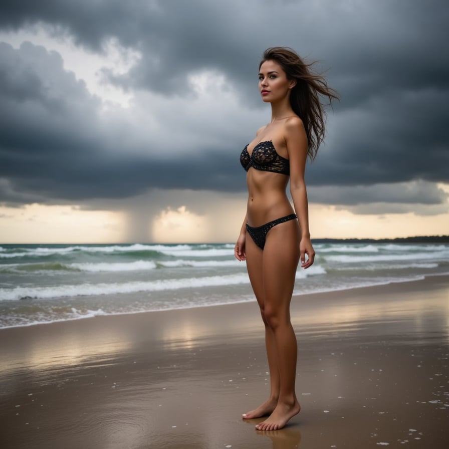 In the foreground, a woman in a dark bikini walks along a deserted beach, her hair tousled by a strong wind. Rain pours down around her, glistening on her skin and running down her face. Behind her, dark, dramatic clouds roll in, covering the sky and casting an ominous shadow on the beach.  In the background, a gray, stormy sea churns restlessly.  




