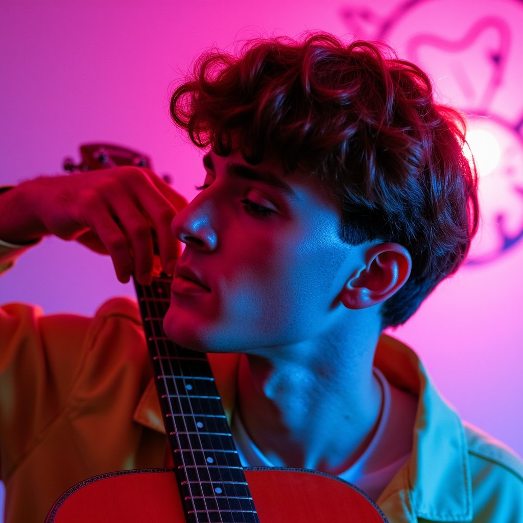 Side-profile headshot of a thoughtful musician with a guitar resting on shoulder, soft overhead spotlight, introspective vibe like a quiet rehearsal before going on stage