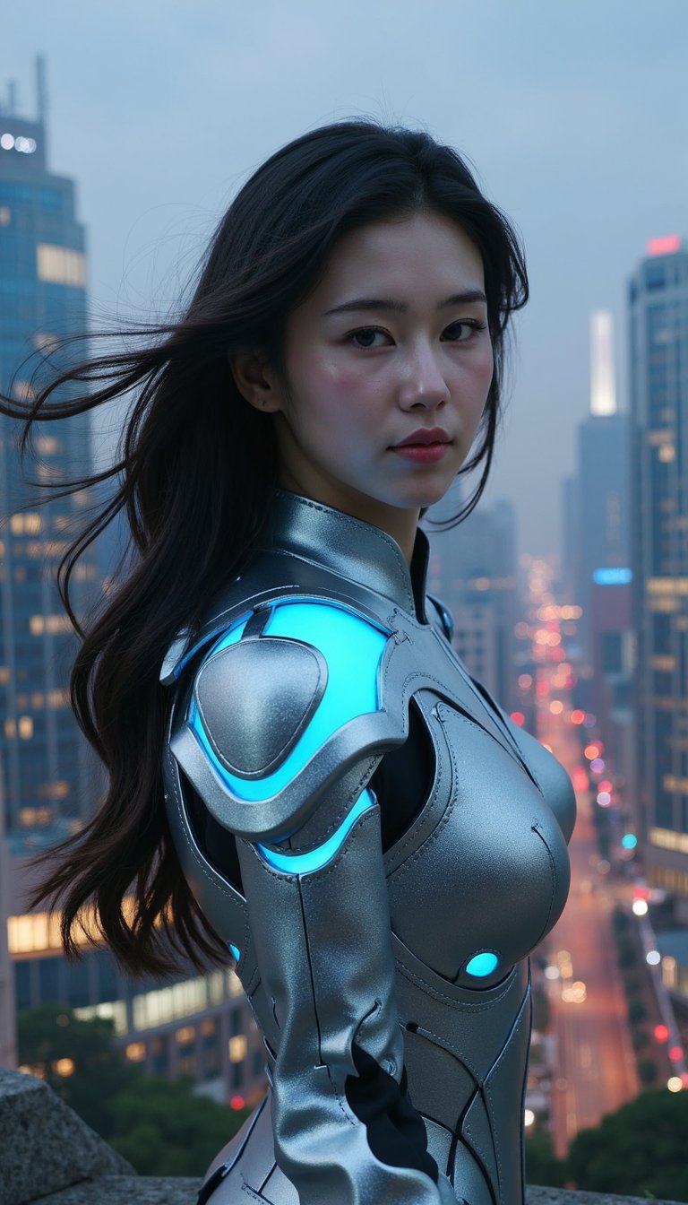 Photo-realistic headshot of a woman in futuristic silver armor with glowing blue accents, standing on a cliff edge with a neon sci-fi city skyline behind her, wind in her hair, intense gaze, 4K cinematic render, dark dramatic tones, 16:9