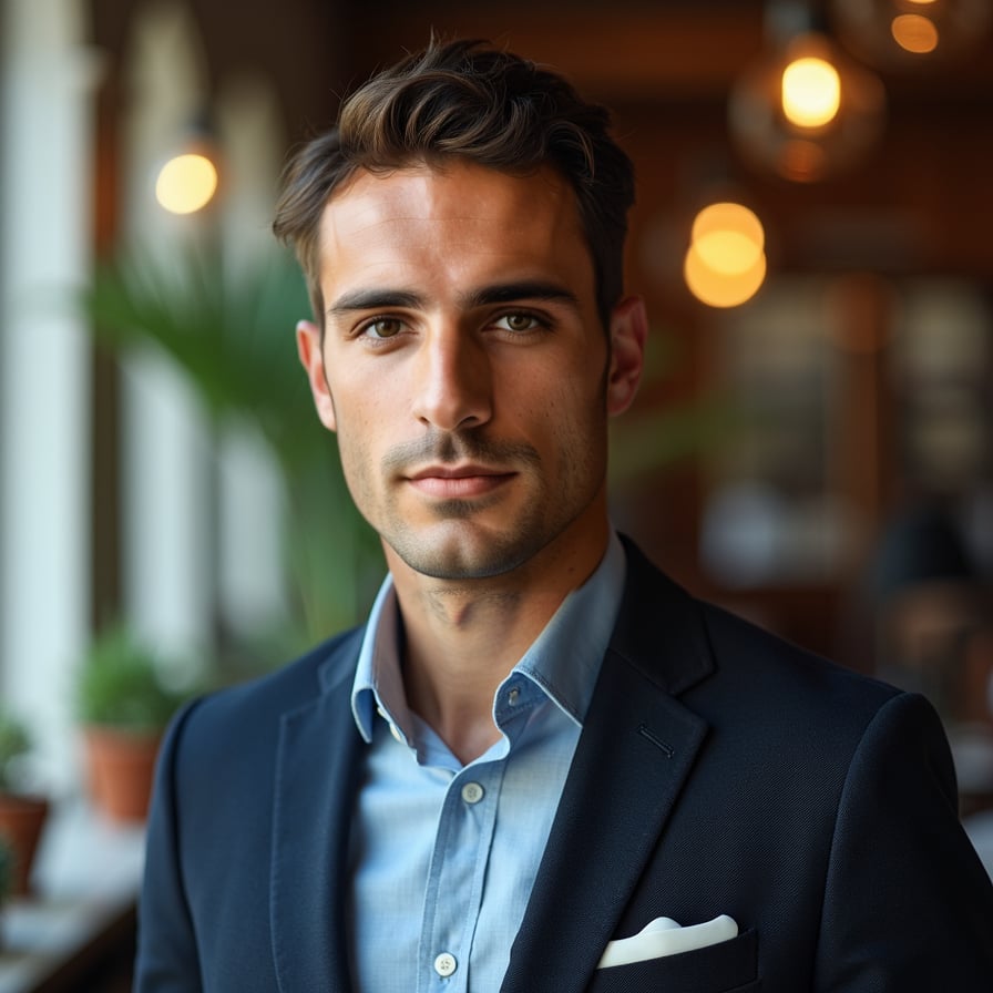 Man in suit, cinematic close-up, moody composition, professional.