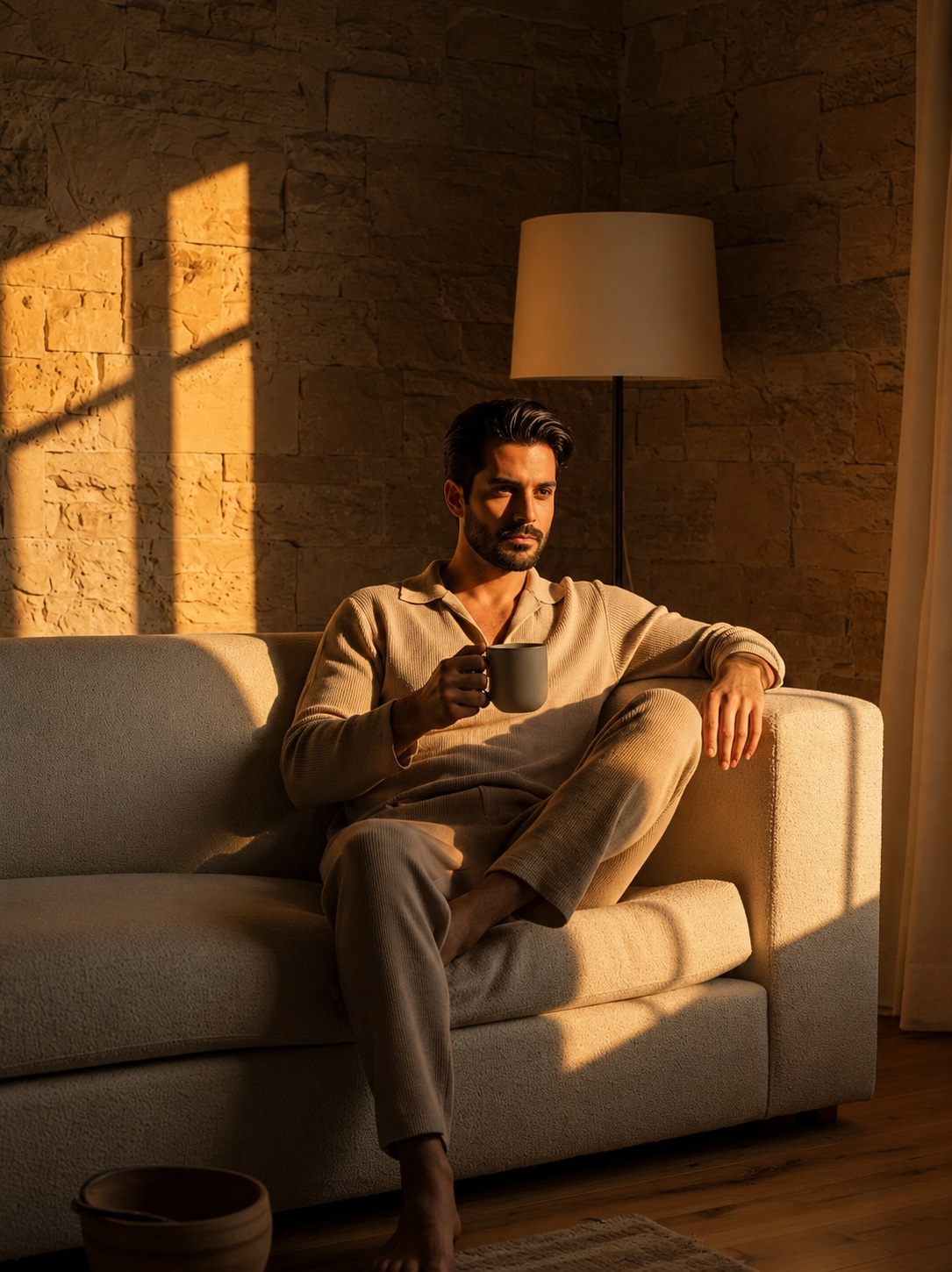 Young man sitting on urban street steps, golden hour side light from left, warm amber glow, white linen shirt