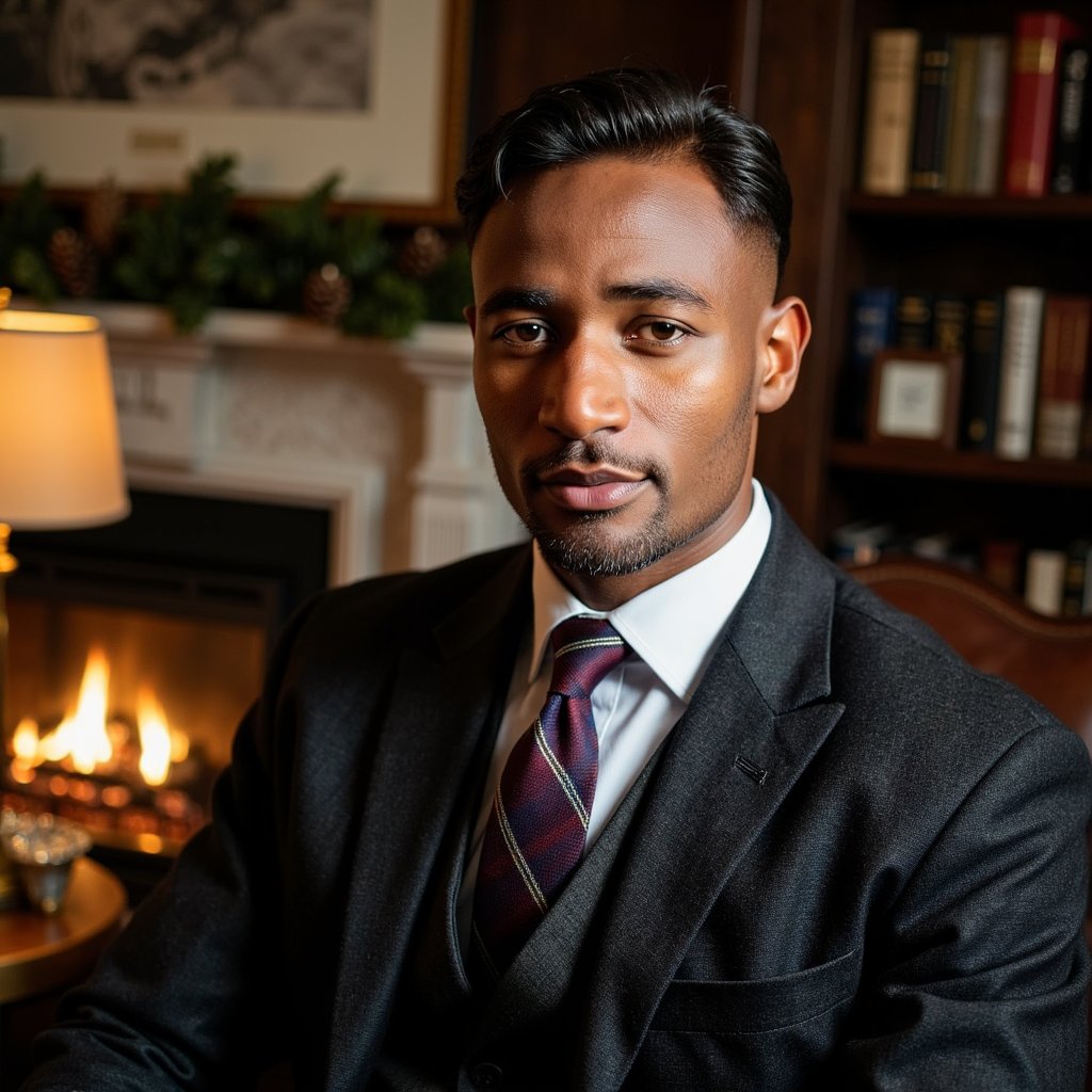 Close-up portrait of a man in an oak-paneled library, ambient light from a brass desk lamp. Hairstyle: side-part, soft wave; clean-shaven. Attire: dark tweed blazer, crisp white shirt, tartan tie. Fabric details: visible herringbone texture, tie weave, cotton thread. Camera: eye-level, 85mm, f/1.6 for gentle blur. Lighting: single tungsten lamp key + low ambient fill. Background: blurred shelves of books, muted garland with pinecones, brass lamp glow. Pose: neutral, composed, looking slightly away. Render: highly detailed, highly realistic, HDR; lifelike reflections in eyes, detailed fabric fibers, warm tonal contrast.