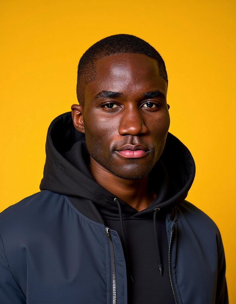 man wearing a dark navy blue bomber jacket over a black hooded sweatshirt. He is depicted in a chest-up portrait, positioned directly frontal with a neutral expression. The background is a vivid, solid yellow. Soft shadows are cast from balanced studio lights, ensuring skin tone accuracy is preserved, with sharp edges and minimal bokeh.