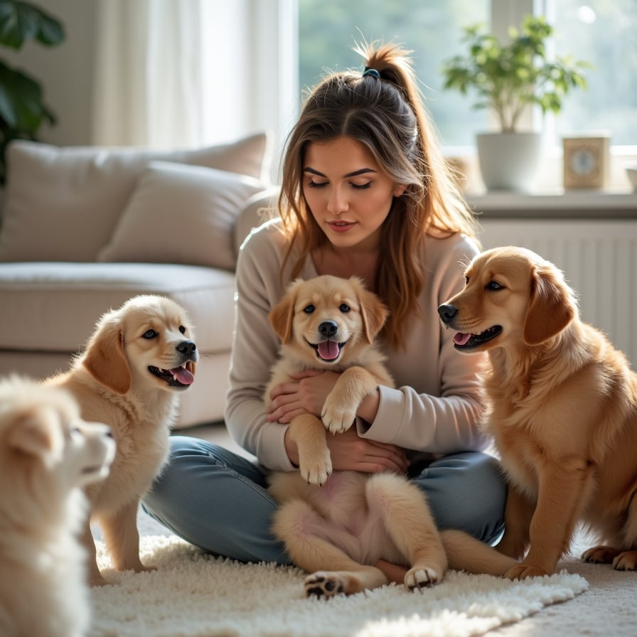 woman surrounded by playful furry friends, lovingly holding a cute puppy or kitten, in a cozy living room with natural light, soft pastel colors and minimalist decor