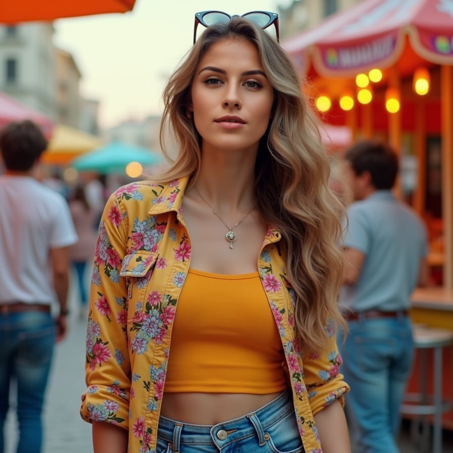 woman with a playful expression, such as a light laugh or a curious gaze. She is styled in vibrant, casual clothing and set against a bright, fun background like a carnival or café. Her energy is lively and inviting, perfect for showcasing her fun-loving personality