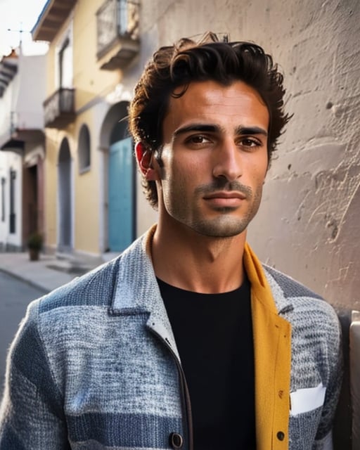 Trendy city dweller, sleek outfit, modern skyscrapers in the background.