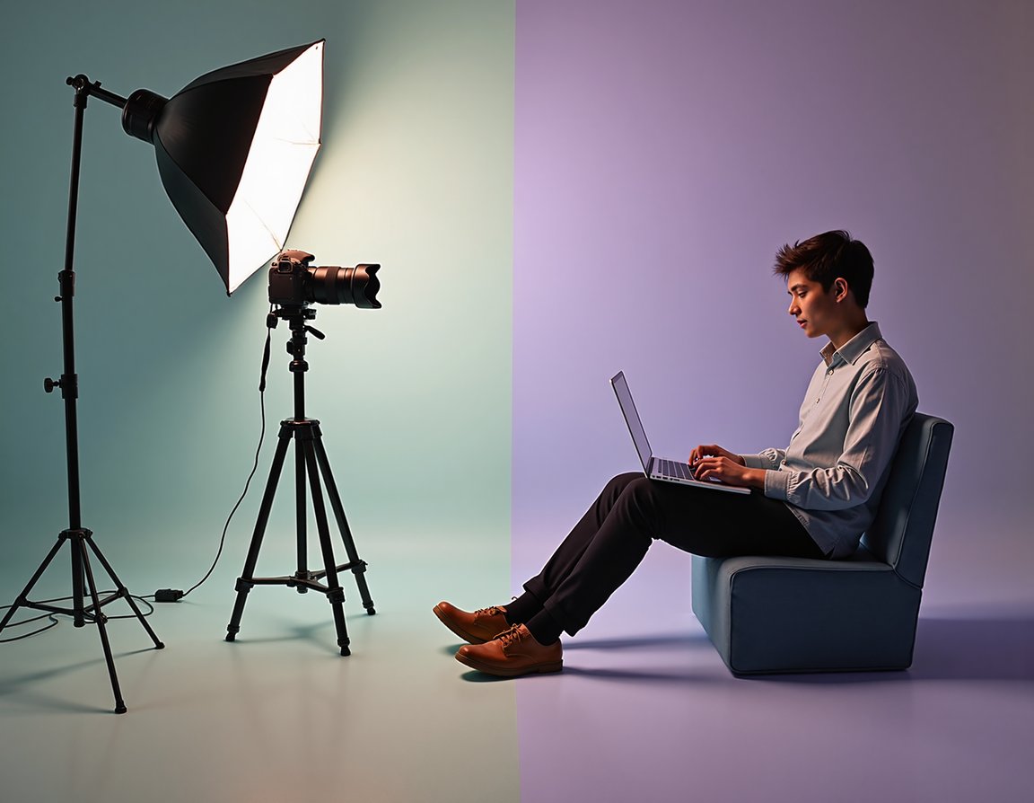 In a serene pastel-hued studio, a DSLR camera perched on a sturdy tripod stands poised on the left, surrounded by a softbox and umbrella lighting setup, its lens gleaming under the gentle studio illumination. To its right, a person sits comfortably with a laptop, their fingers dancing across the keyboard as they engage with an AI platform, the screen casting a subtle glow on their face. A soft, gradient-like split runs down the middle, separating the traditional photography setup from the modern digital interface. The background transitions smoothly from pale peach to lavender, showcasing a harmonious blend of old and new creative tools under clear, contrasting lighting.