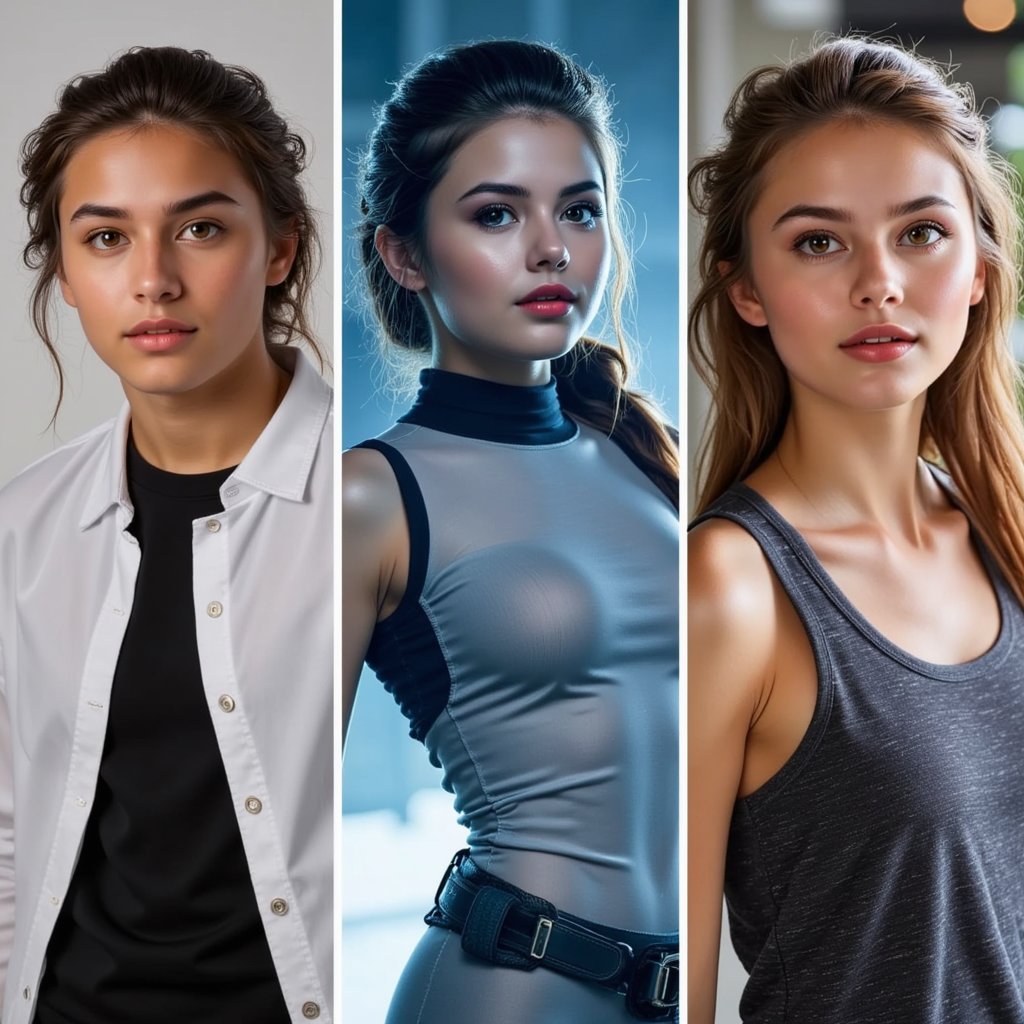 A 3-column layout showing: a professional headshot, a fantasy world image, and a casual lifestyle variation of the same person