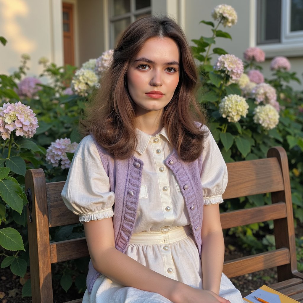 Highly detailed outdoor 1960s yearbook image of a girl seated on a wooden bench in the school’s garden, framed waist-up with a 50mm lens. She wears a cream blouse with puff sleeves in lightweight cotton, faint creases visible where her arms bend. Over it, a light cardigan in pale lilac, knitted with a delicate lace pattern, small pearl buttons fastened at the chest. Her hair is styled in shoulder-length curls with a silk scarf tied in a knot at the side. Skin is warm-toned with realistic sunlit glow on the cheekbones, a hint of mascara defining the eyes, and lips lightly tinted coral. She sits angled toward the camera, hands resting neatly in her lap, posture composed but relaxed. Background is softly blurred hydrangea bushes, their pastel blooms complementing her outfit, with golden-hour sunlight filtering through leaves.