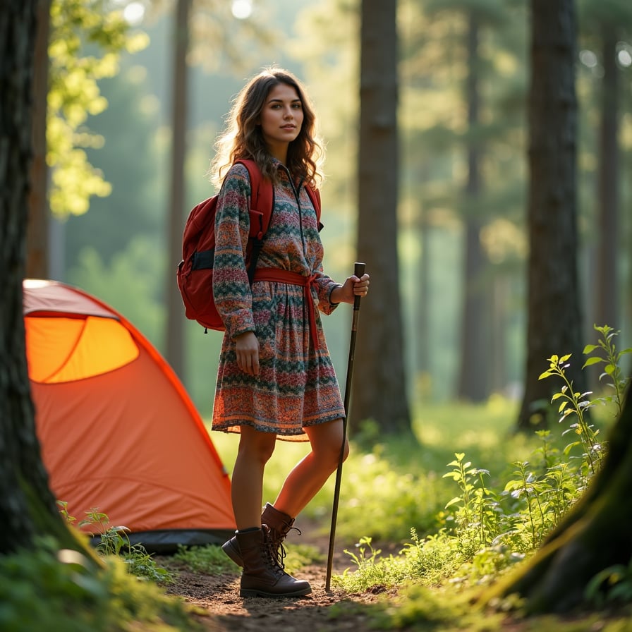 woman wearing outdoor gear, including a fleece jacket and hiking boots, standing amidst a serene forest landscape, surrounded by tall trees and lush greenery, with a camping tent and backpack nearby, posing with a walking stick and a sense of adventure.
