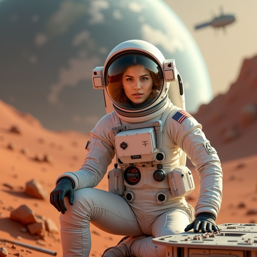 woman wearing a sleek white spacesuit, Mars landscape background with red planet