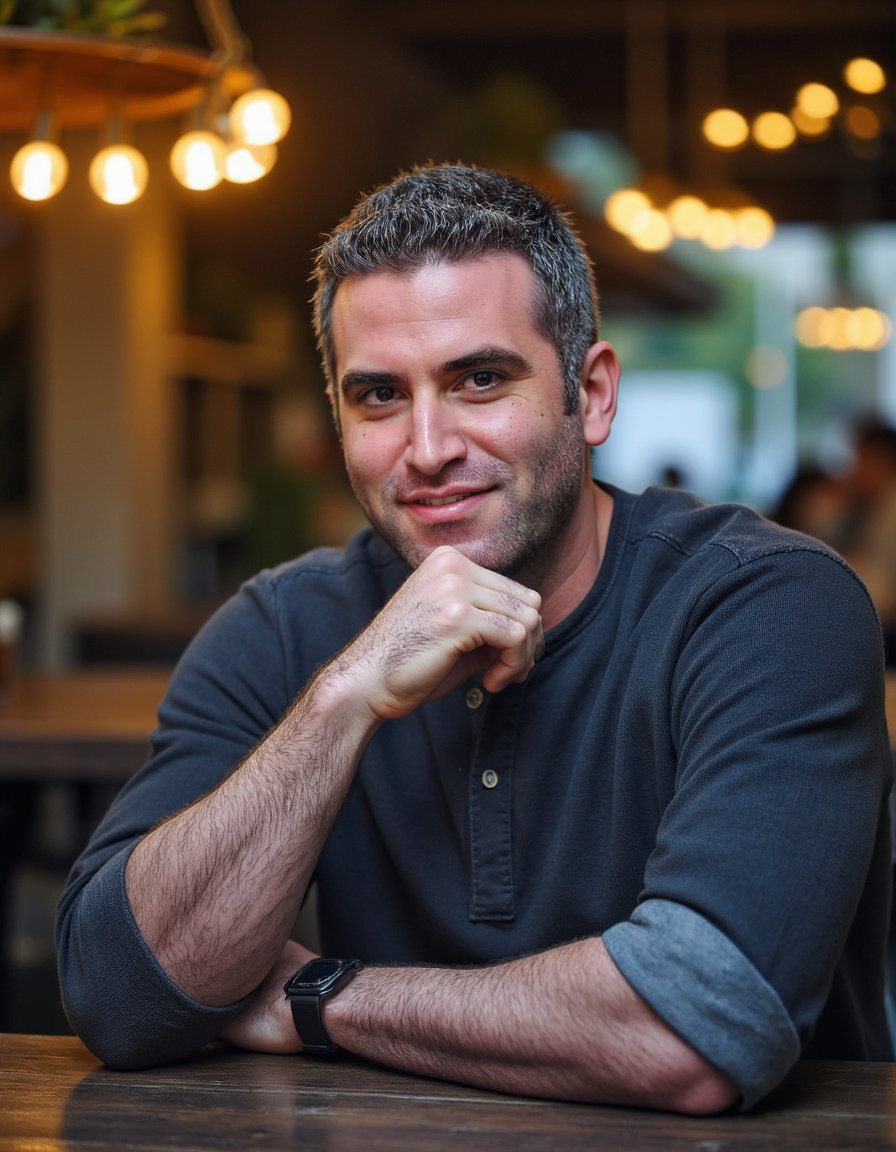 man in a charcoal grey henley shirt, seated at a rustic, dimly-lit street bar. His chin is resting lightly on his hand, and he gazes thoughtfully towards the viewer. Warm, string lights are softly blurred in the background, creating a cozy ambiance under golden hour lighting that bathes his temporary hair styling in warm tones.