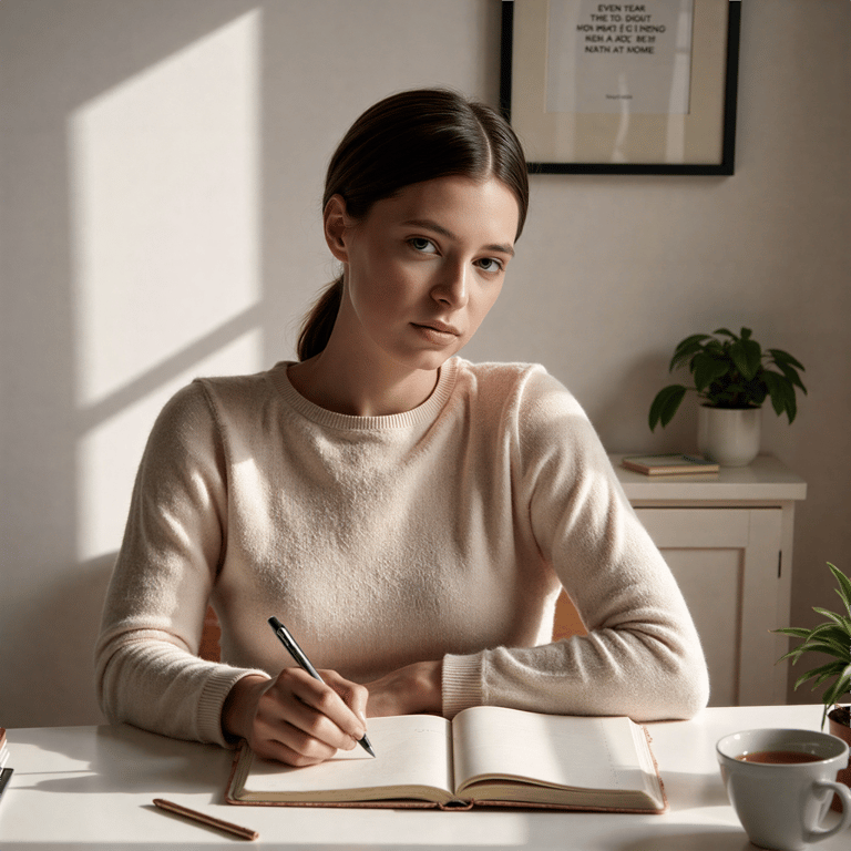 Gender: Female

Pose: Close-up shot, seated at a desk with a notebook open, writ