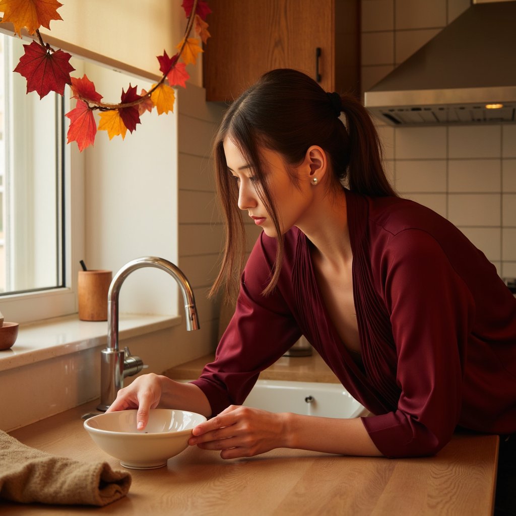 Highly detailed, highly realistic, hyperrealistic HDR image of a woman (female, ~30 yrs) captured waist-up in a softly lit kitchen. She is leaning slightly forward, gently setting a ceramic dish on the counter. She wears a deep burgundy blouse with soft pleats, subtle sheen of satin visible under warm ambient light. Her hair is tied neatly in a mid-height ponytail; a few wisps frame her cheeks. Lighting warm and diffused — mixture of overhead amber tones and soft daylight from a side window. Focus on her profile and hands, shallow depth of field blurs the background — faintly visible autumn garland and a folded linen cloth. Realistic reflections on porcelain, microtextures of fabric and skin visible. HDR, high resolution, high quality, highly detailed, photorealistic.