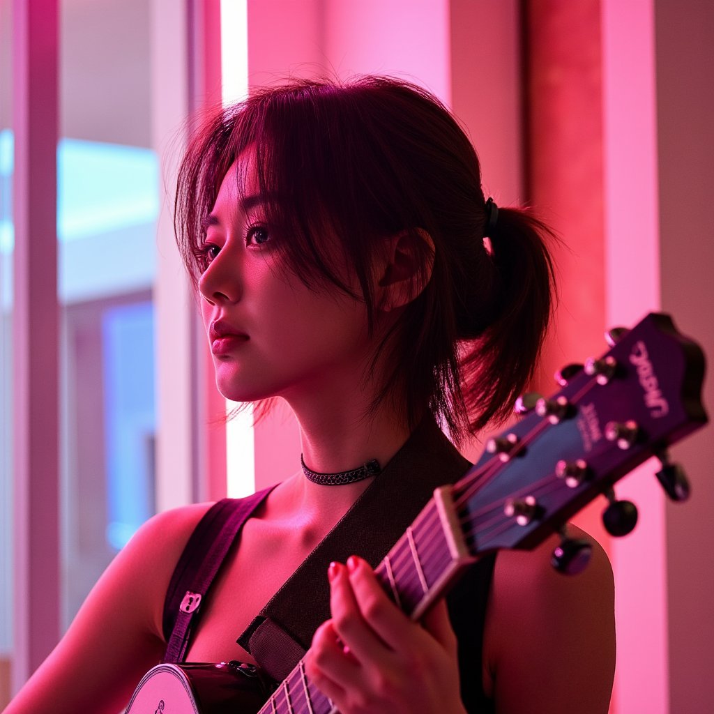 Side-profile headshot of a thoughtful musician with a guitar resting on shoulder, soft overhead spotlight, introspective vibe like a quiet rehearsal before going on stage