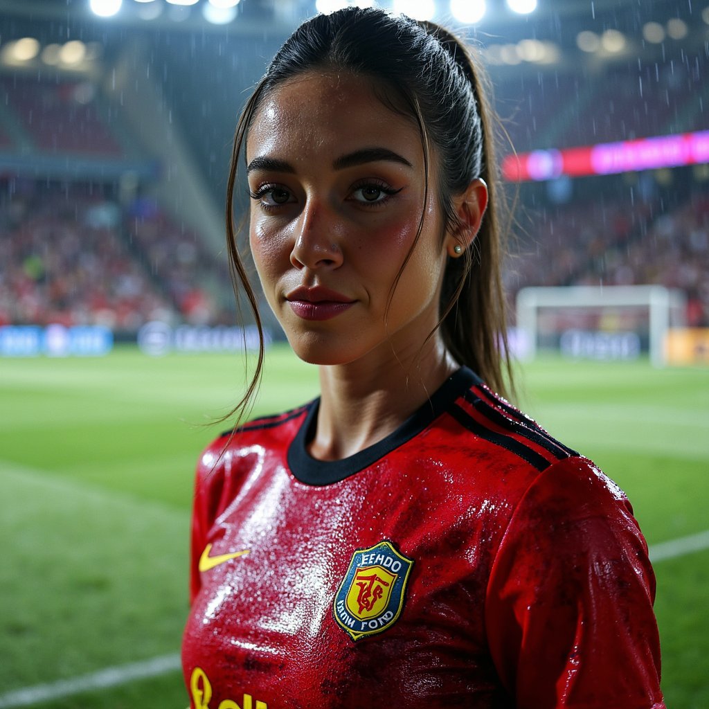 Close-up headshot of a player under neon-lit rain with water droplets on face, motion blur in background, hyper-detailed rendering — EA SPORTS FC next-gen look