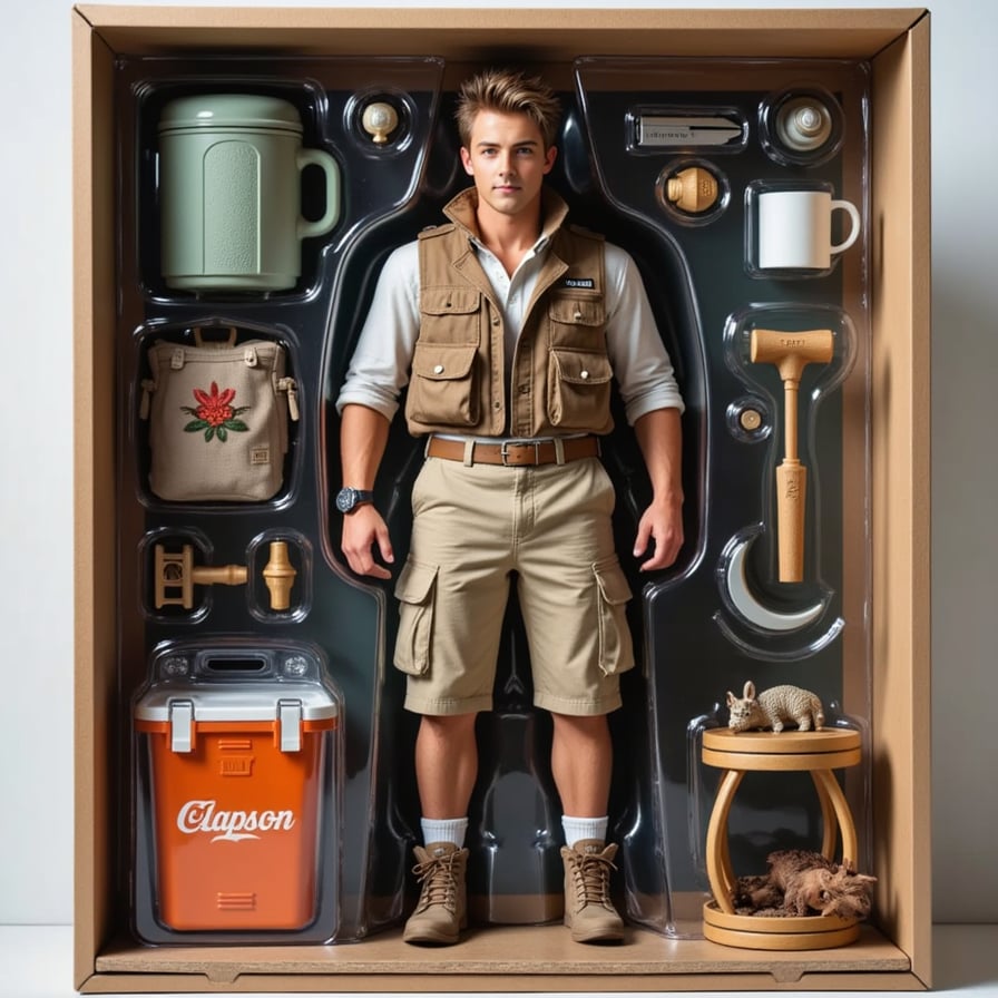 A male action figure wearing cargo shorts and a fishing vest, posed with a fishing rod, cooler, campfire mug, and hiking boots. Label: THE WEEKEND WARRIOR.
