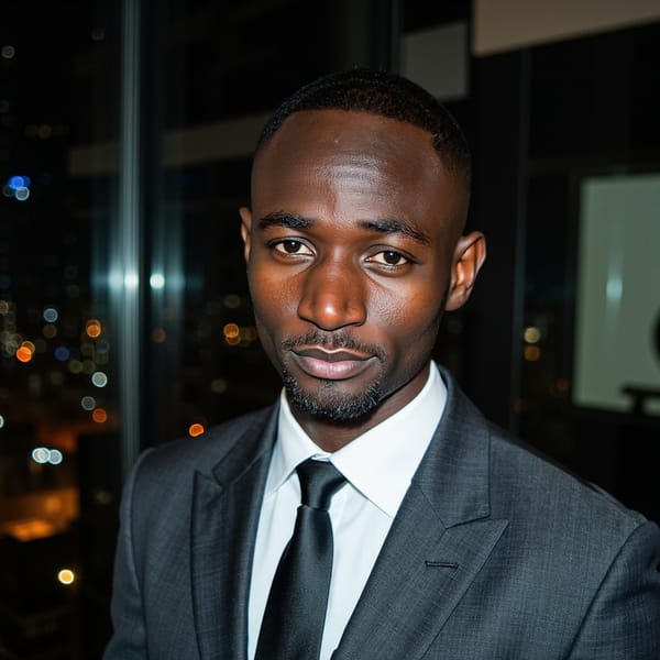 A cinematic modern thriller-style portrait of a man (early 40s) inside a high-rise office at night, waist-up, camera at slightly elevated angle, looking down subtly. Hair: short, clean haircut, salt-and-pepper at temples. Face: realistic skin texture, faint crow’s feet, controlled expression with restrained intensity, eyes looking directly at camera through reflections. Wardrobe: tailored dark gray suit, fine wool texture visible, crisp white shirt, matte black tie slightly loosened. Lighting: cool overhead key light, sharp reflections from floor-to-ceiling glass, soft city lights outside forming abstract bokeh patterns. Background: blurred city skyline through glass, reflections partially crossing the subject’s face, no readable buildings or signs. Camera: 70mm lens, f/2.8, controlled sharpness, clean cinematic contrast. Highly detailed, highly realistic, HDR quality, cinematic corporate noir tone, minimal clutter.