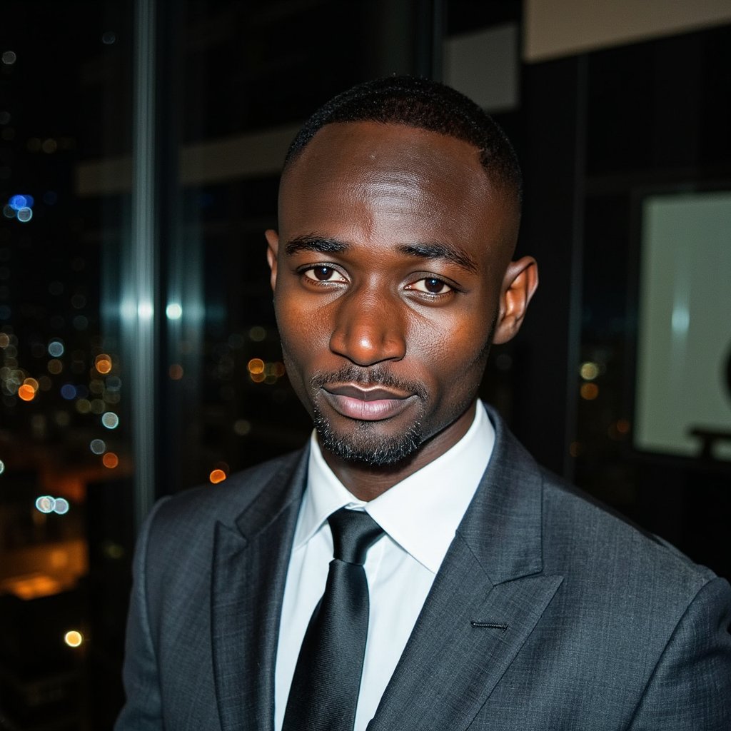 A cinematic modern thriller-style portrait of a man (early 40s) inside a high-rise office at night, waist-up, camera at slightly elevated angle, looking down subtly. Hair: short, clean haircut, salt-and-pepper at temples. Face: realistic skin texture, faint crow’s feet, controlled expression with restrained intensity, eyes looking directly at camera through reflections. Wardrobe: tailored dark gray suit, fine wool texture visible, crisp white shirt, matte black tie slightly loosened. Lighting: cool overhead key light, sharp reflections from floor-to-ceiling glass, soft city lights outside forming abstract bokeh patterns. Background: blurred city skyline through glass, reflections partially crossing the subject’s face, no readable buildings or signs. Camera: 70mm lens, f/2.8, controlled sharpness, clean cinematic contrast. Highly detailed, highly realistic, HDR quality, cinematic corporate noir tone, minimal clutter.