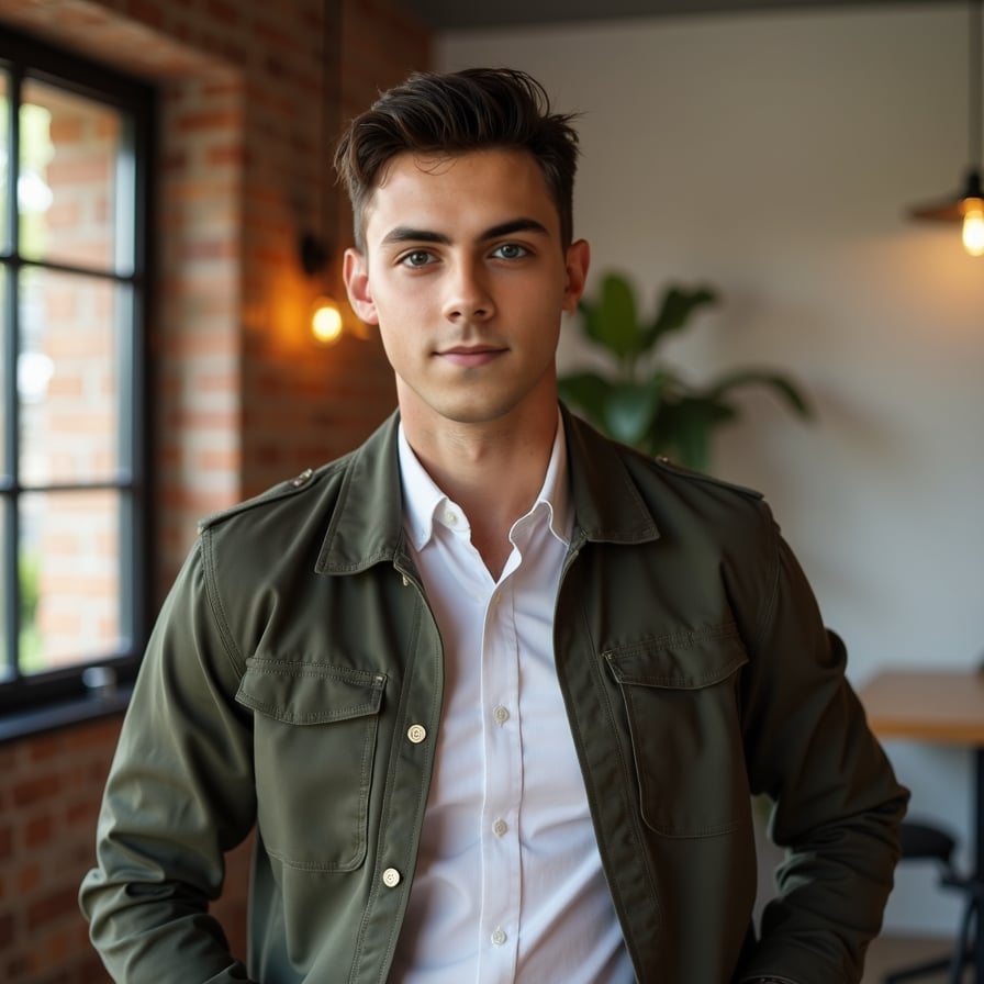 man optimized for a modern dating profile. The setting is clean and minimal, with soft, flattering lighting. He is wearing smart-casual attire, and his expression is confident yet approachable, perfect for making a memorable first impression