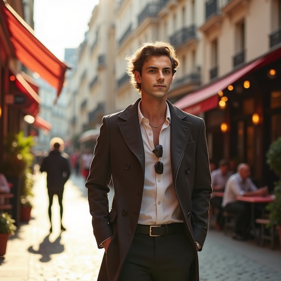 man in stylish, modern attire, walking down a charming Parisian street, surrounded by historic buildings and quaint cafes, under the soft, warm glow of afternoon sunlight.