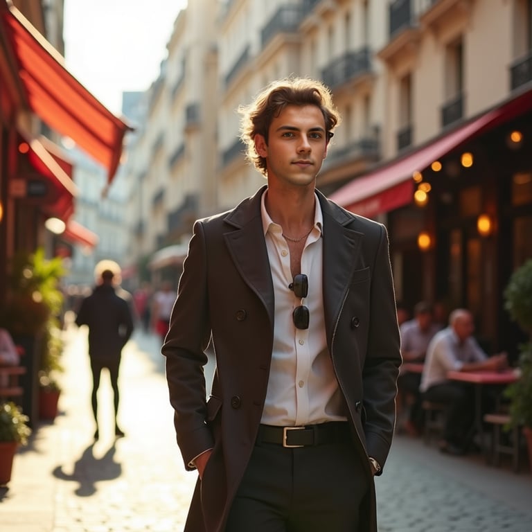 man in stylish, modern attire, walking down a charming Parisian street, surround