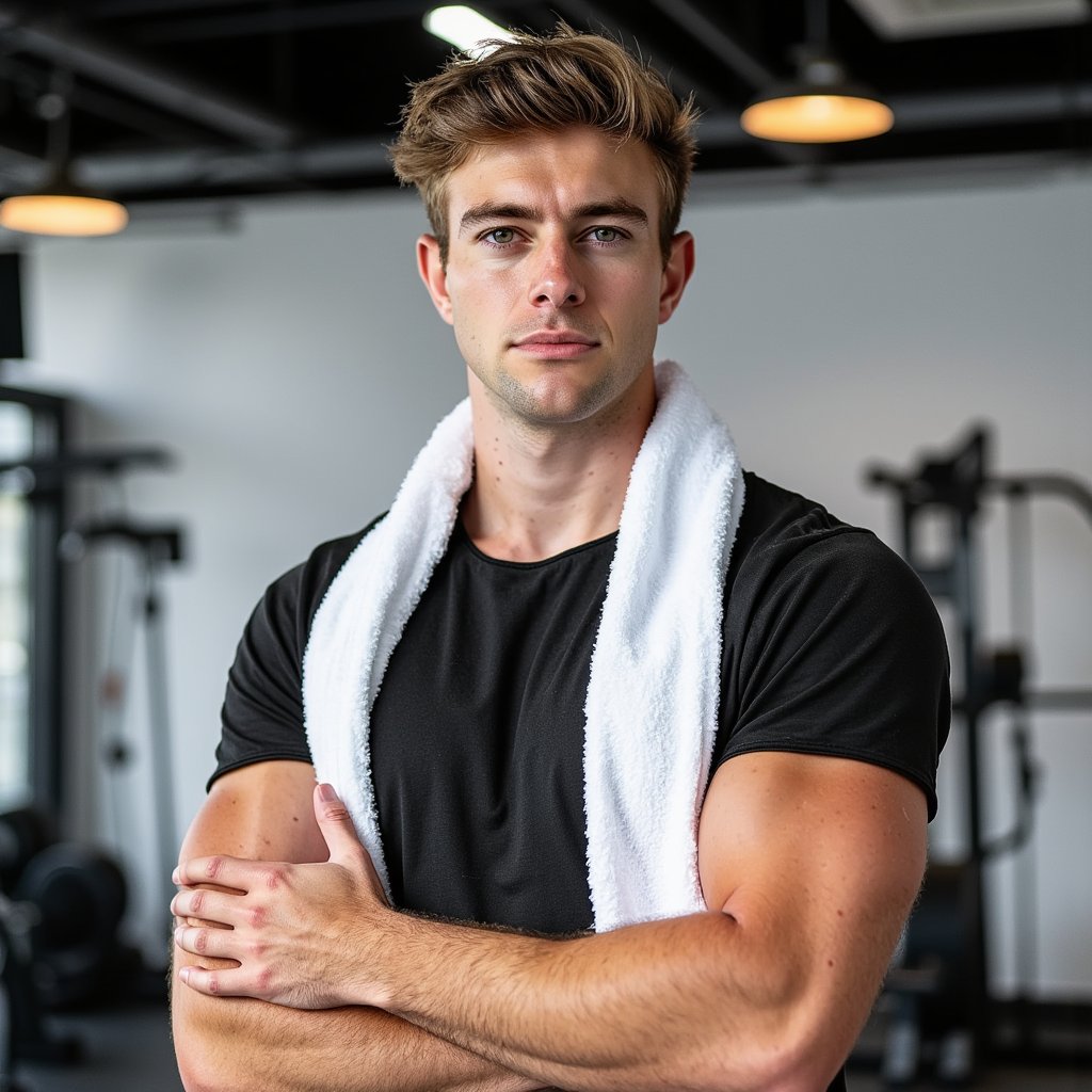 Man, athletic build, head-and-shoulders studio portrait with a towel draped around neck ends resting loosely on chest (hands relaxed down out of frame); neat short haircut, clean stubble, confident neutral expression; moisture-wicking black tee with fine micro-mesh paneling; high-key white seamless background; camera at eye level, 105mm, f/5.6, 1/160, ISO 100; clamshell lighting (large softbox above, reflector below) with subtle kicker from camera right to define jawline; ultra-clean background with no clutter; micro-contrast revealing skin texture, towel terry loops, and fabric weave; highly detailed, highly realistic, HDR, no text or watermark