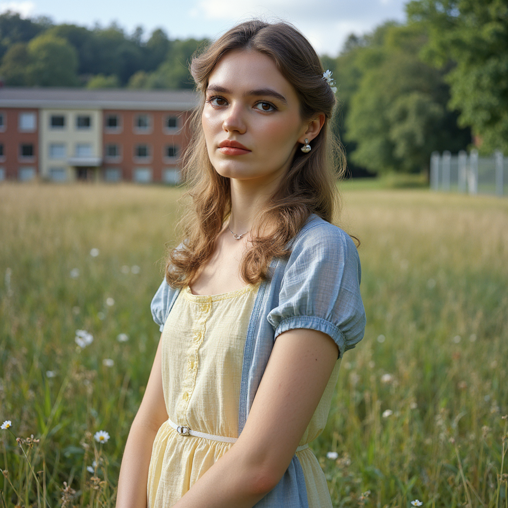 Ultra-realistic 1960s senior girl portrait taken outdoors in a meadow near the s