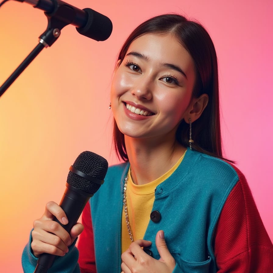 woman with an expressive, engaging facial expression, in front of a clean, vibrant background with dynamic lighting, strong contrast to emphasize the face, close-up shot with clear facial focus, styled in a fashionable outfit, cinematic portrait mood, high-quality lighting accentuating facial features, HDR, high resolution, highly detailed, minimal background clutter