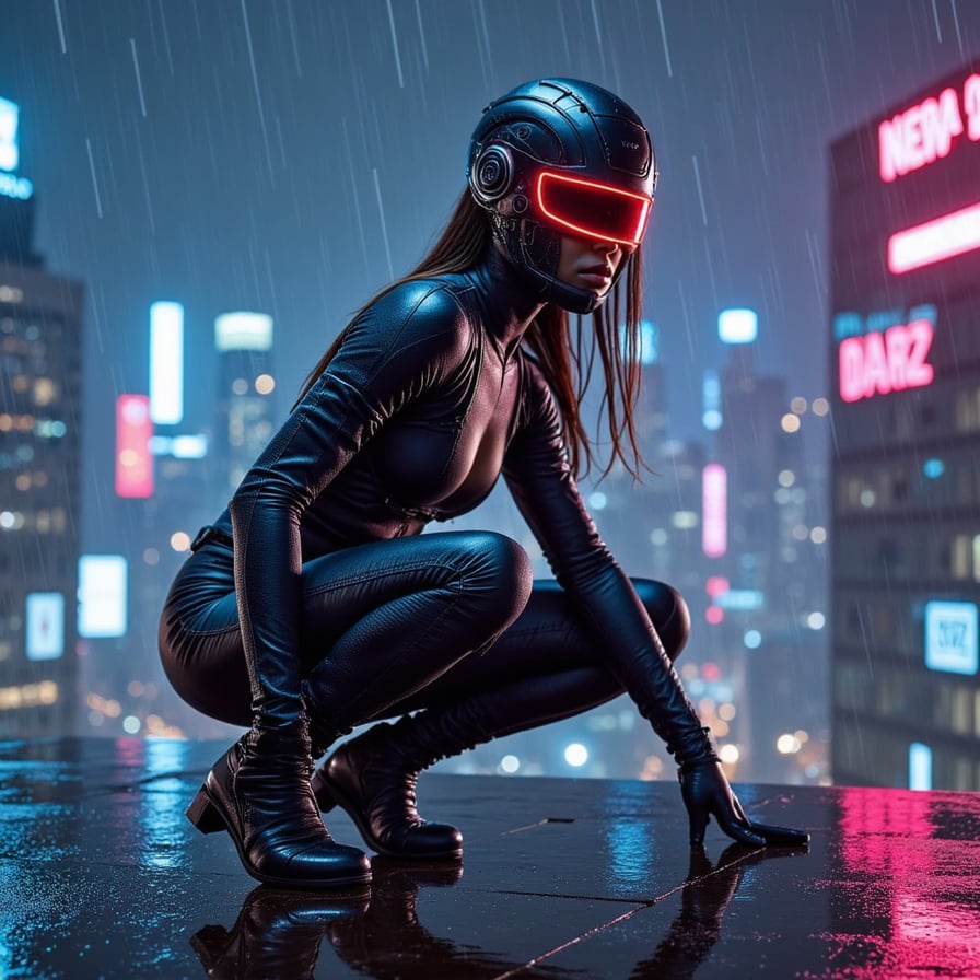 Stealthy female Avenger in nano-stealth suit, crouching on a neon-soaked rooftop, glowing red visor, cyberpunk city below, night rain falling, cinematic shadows, moody and dramatic
