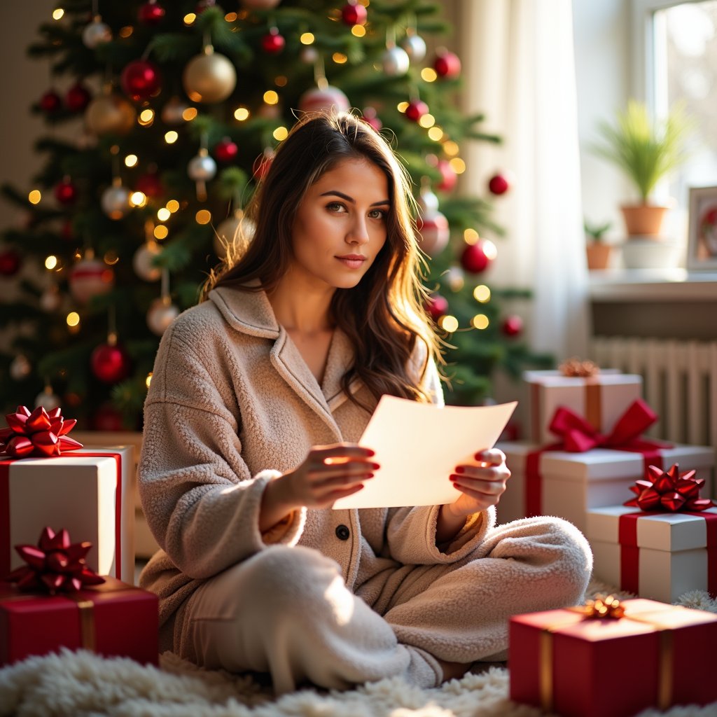 woman in cozy pajamas, surrounded by wrapped gifts and Christmas decorations, holding a note from Santa with a surprised and delighted expression, warm morning light streaming through the window, soft focus on the Christmas tree in the background.