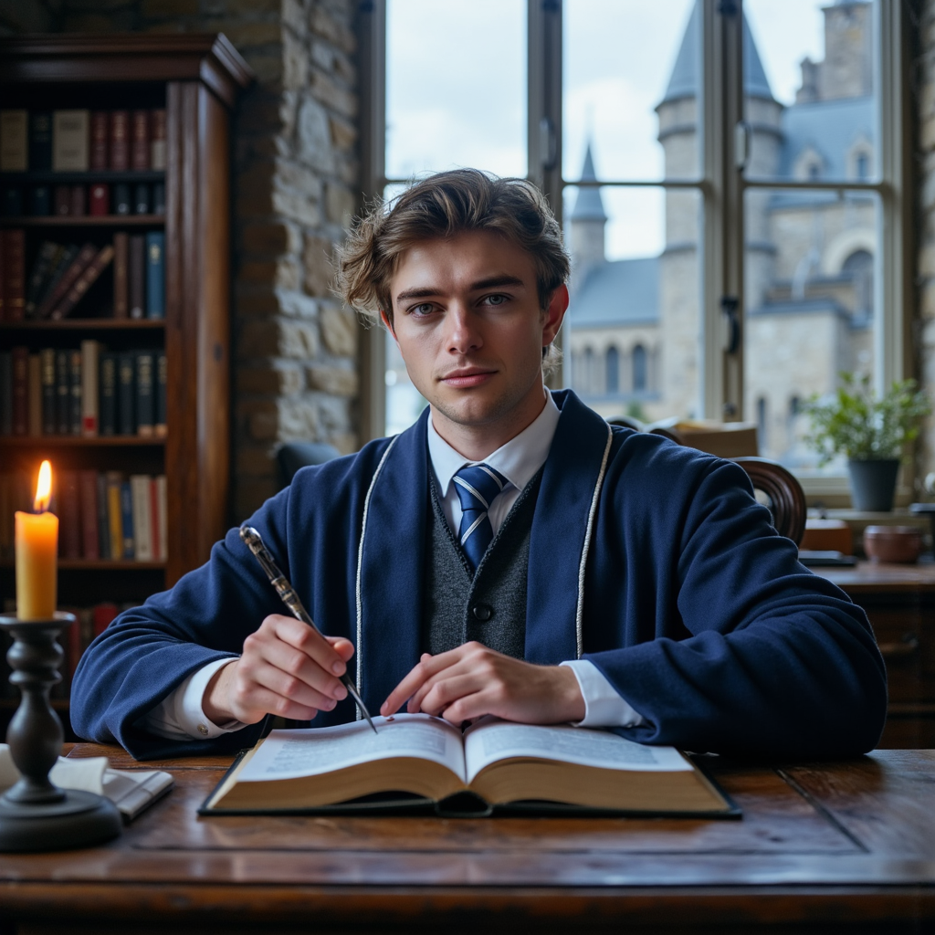 Ultra-detailed HDR seated portrait of a 17-year-old male Hogwarts student with l