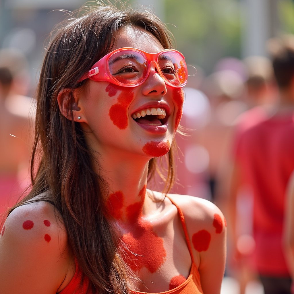 Close-up portrait of a joyful woman mid-laugh, face splattered with tomato juice, hair soaked, wearing protective goggles, La Tomatina festival vibe