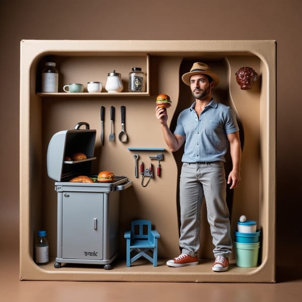 In a dad hat and apron, this figure stands near a miniature grill, tongs in hand. Accessories include: burgers, BBQ sauce bottle, cooler, and picnic table.