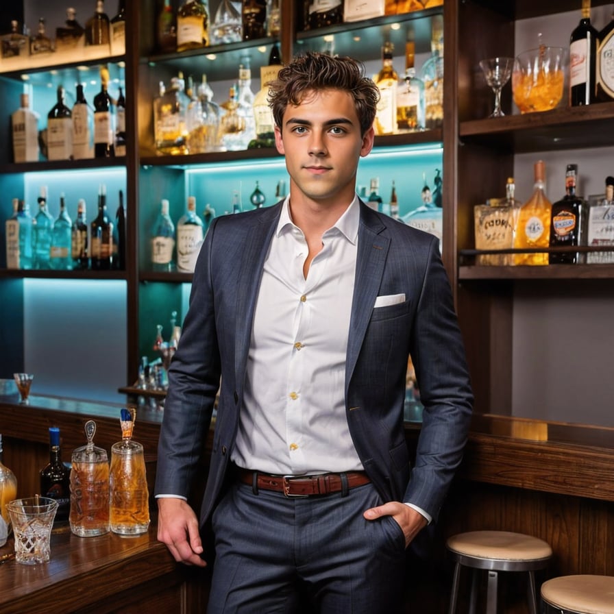 Handsome man in dark bar, seductive smile, party atmosphere.