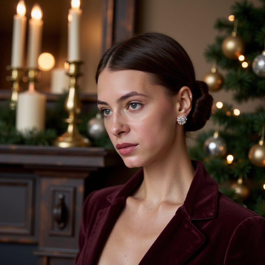 Close-up portrait of a woman in evening attire under soft chandelier light, looking slightly past the camera. Hairstyle: sleek bun with central part; classic red lip. Attire: deep wine-colored velvet gown, diamond studs, faint shimmer on skin. Fabric details: velvet pile visible, fine reflections on jewelry. Camera: 85mm, f/1.6 for creamy bokeh. Lighting: warm chandelier key with soft fill; gentle highlights across cheekbones. Background: blurred lights, faint silhouettes of a ballroom, minimal visual noise. Pose: elegant neck line, shoulders turned 15° off axis.
Render: highly detailed, highly realistic, HDR; visible fine hair texture, true skin sheen, layered lighting depth.