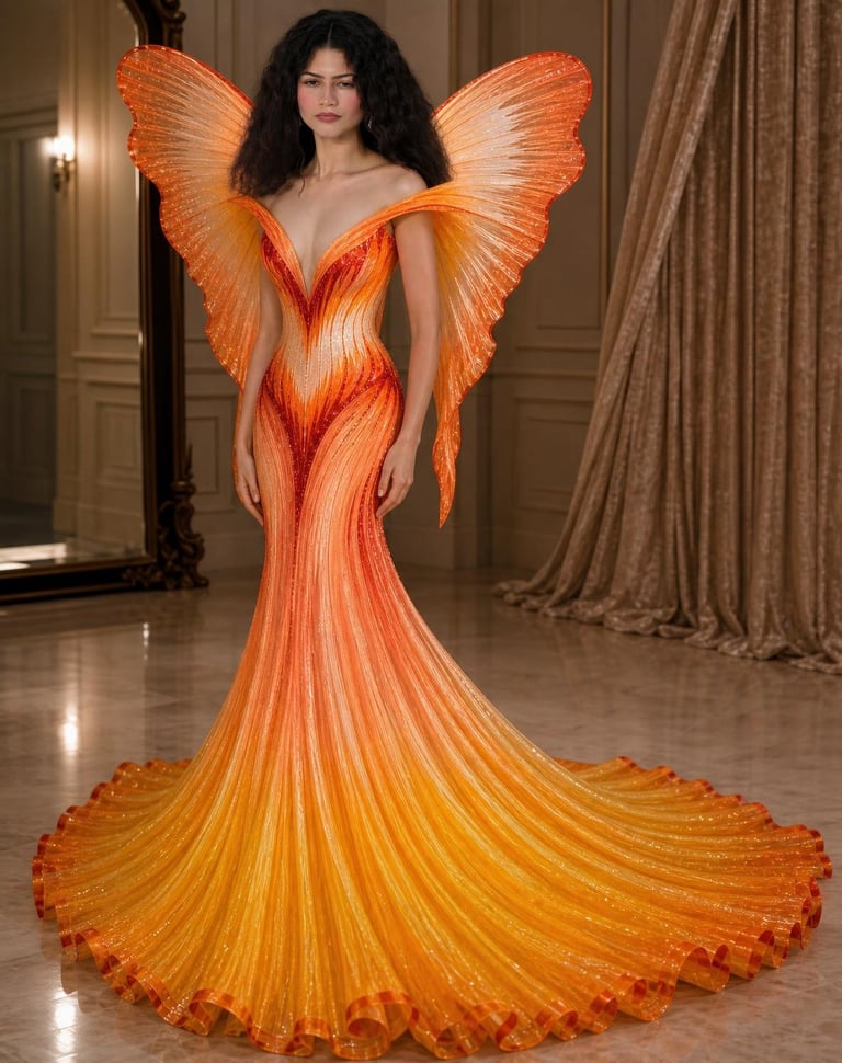 Use the left woman as the exact person reference and the right orange butterfly 