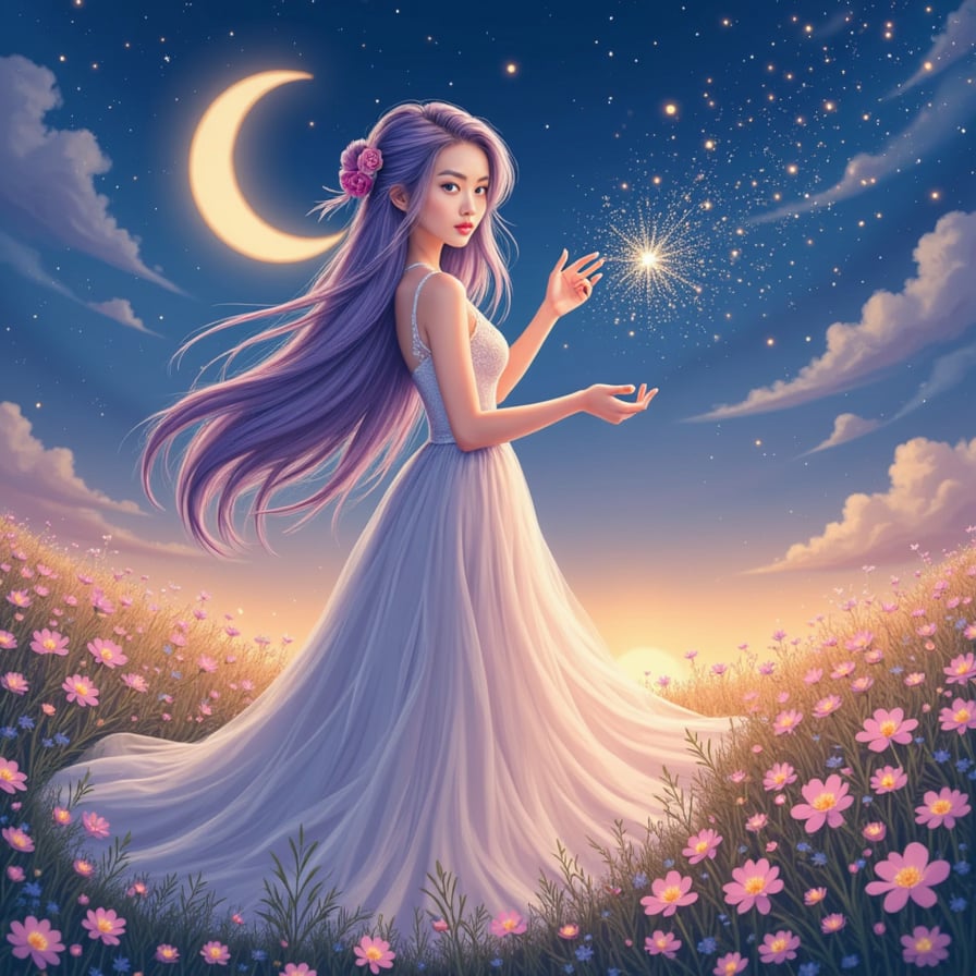 A mystical woman with long, flowing lavender hair, dressed in a gown that sparkles like the night sky. She stands in a field of glowing flowers under a crescent moon, gently spinning threads of stardust between her fingers.