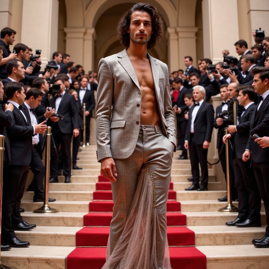 A bold Met Gala look featuring a sculpted 3D-printed chest piece, sheer floor-length skirt, and chrome-tinted body paint, pushing the edge of fashion tech