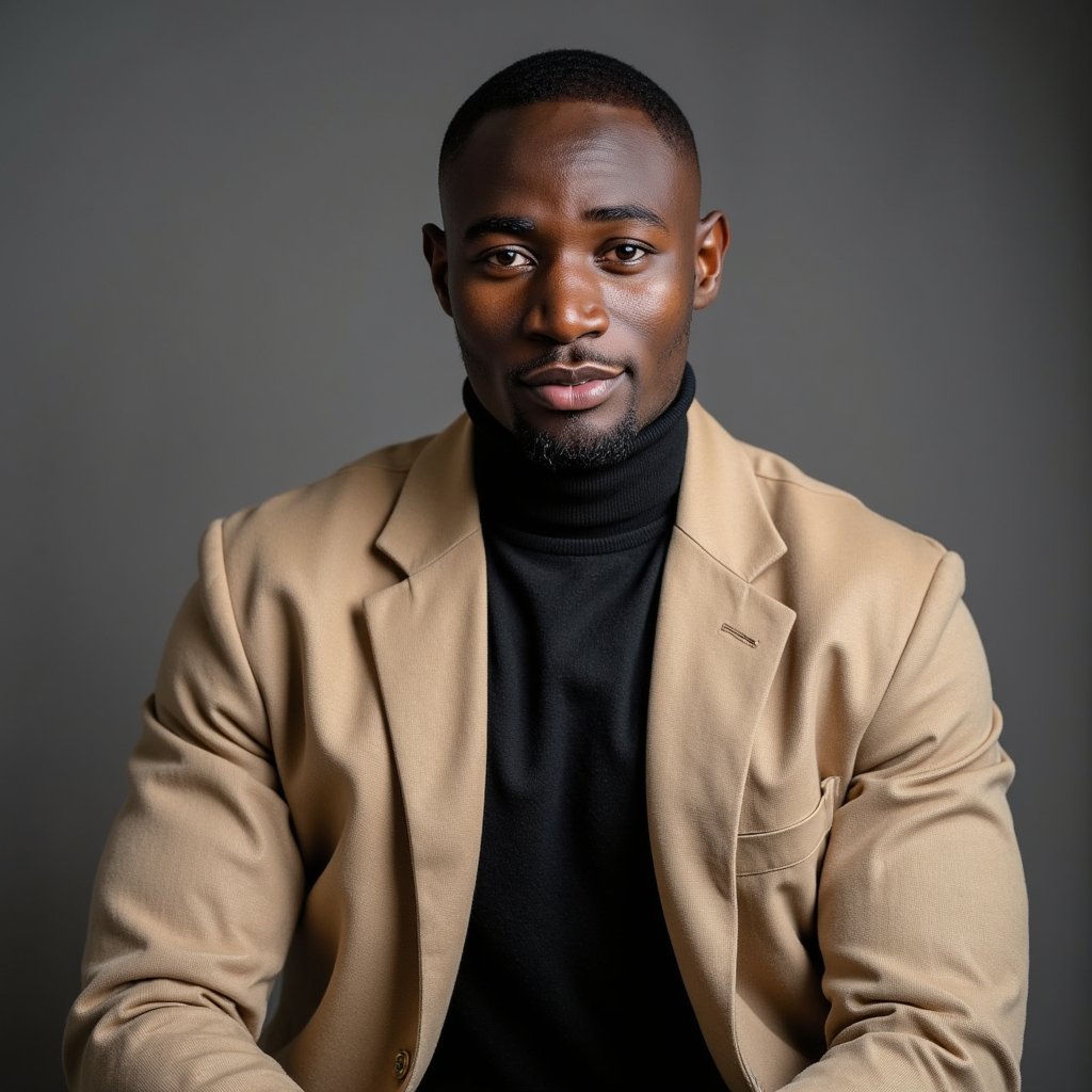 Highly detailed, highly realistic, HDR, 8k editorial studio portrait; camera: 85mm, f/4, eye-level; lighting: Rembrandt key with 2x3 softbox, negative fill on far side, faint hair light; pose: seated on a stool, torso angled 30°, hands loosely clasped; attire: camel wool coat over black turtleneck, visible knit texture, matte finish; hair: short curl pattern, natural; facial detail: pores, light freckles, soft laugh lines; background: seamless dark gray paper, minimal clutter; color: neutral, low contrast, premium magazine look.