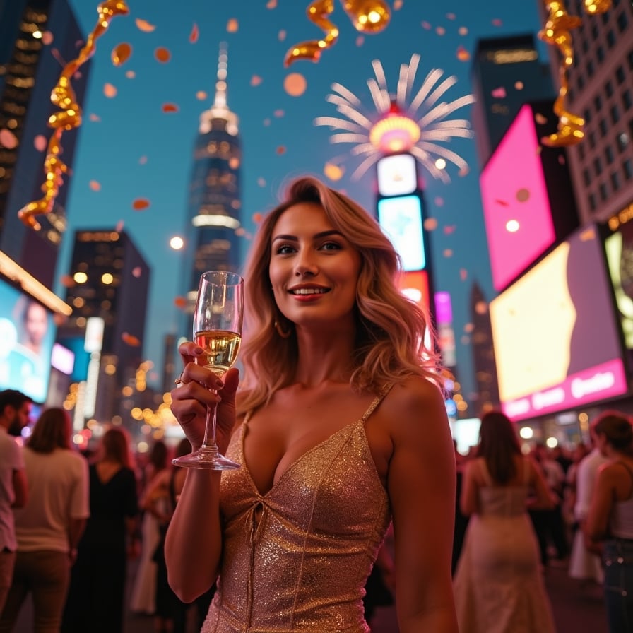 A woman captured mid-laugh, facing the camera while holding a glass of champagne. She’s dressed in a stunning party gown, with confetti falling around her. Behind her, golden streamers and a digital countdown timer add to the celebratory atmosphere