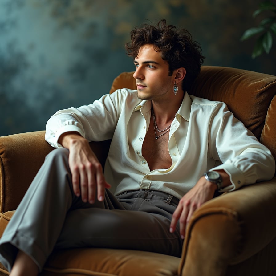 Pose: Sitting on a plush, velvet couch, with his legs curled up and his arms wrapped around his knees, as if lost in a daydream.
Expression: Wistful, with a hint of longing and a soft, dreamy gaze.
Clothing: A flowing, bohemian-inspired shirt with a loose, flowing design, evoking the feeling of a free-spirited artist.
Accessories: A pair of dangling earrings with small, sparkling stones, a delicate silver necklace, and a messy, undone hairstyle.
Background: A soft, dreamy background with a subtle gradient, evoking the feeling of a misty, moonlit night.