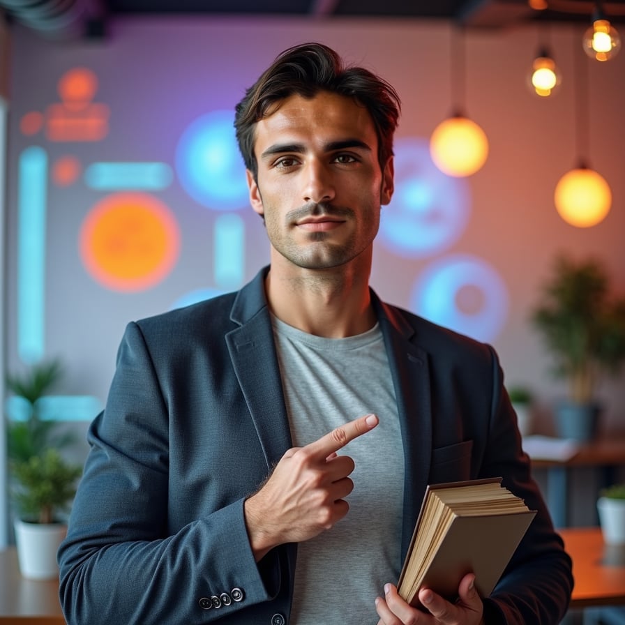 man with a focused and approachable look. He is dressed in a button-up shirt or sweater, pointing to text space or holding a book. The background is clean, with subtle patterns or icons that reflect an educational theme