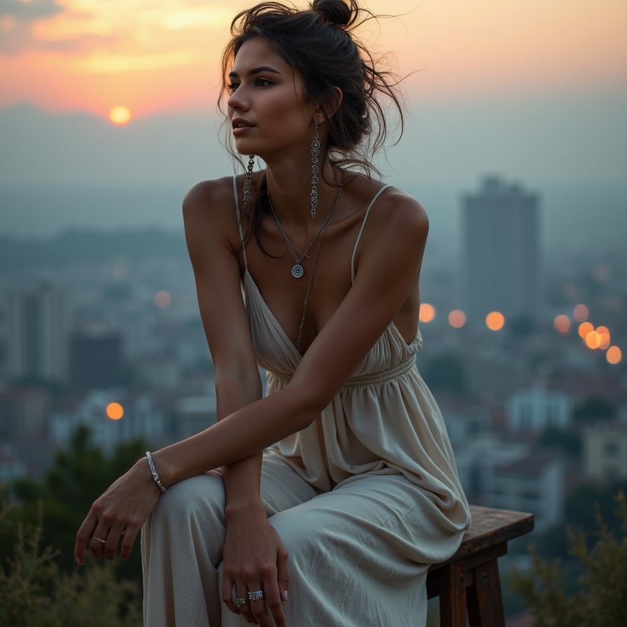 Pose: Sitting on a worn, wooden stool, with her legs crossed and her arms resting on her knees, as if lost in thought.
Expression: Contemplative, with a hint of creativity and a soft, introspective gaze.
Clothing: A flowing, bohemian-inspired dress with a loose, flowing design, evoking the feeling of a free-spirited artist.
Accessories: A pair of dangling earrings with small, sparkling stones, a delicate silver necklace, and a messy, undone hairstyle.
Background: A soft, dreamy background with a subtle gradient, evoking the feeling of a misty, moonlit night.