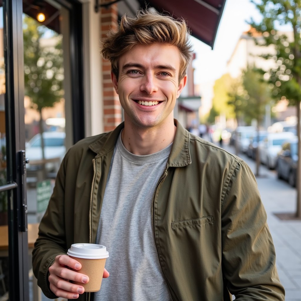 man, featured in a front-on headshot, wearing a soft grey tee with a subtle texture. He has short brown hair and a slight beard shadow, captured with a relaxed, approachable smile. The background is a softly blurred café interior, bathed in natural warm lighting emanating from a nearby window. Subtle skin imperfections are retained for a touch of realism, while his eyes and hair details remain sharp and defined.