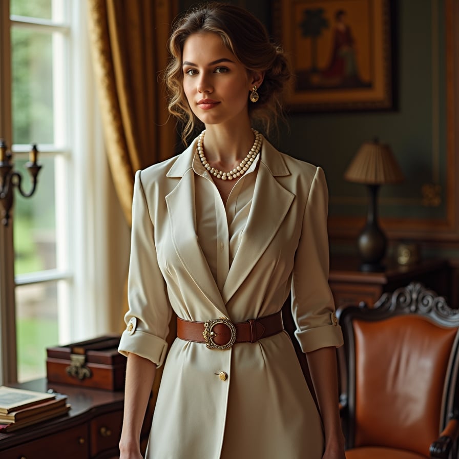 woman styled in a vintage-inspired outfit, such as a tailored dress or blouse with pearls. Her hair is neatly styled in soft waves or an updo. The background is a serene estate garden or an opulent, softly lit parlor. Her pose is poised and graceful, reflecting timeless charm