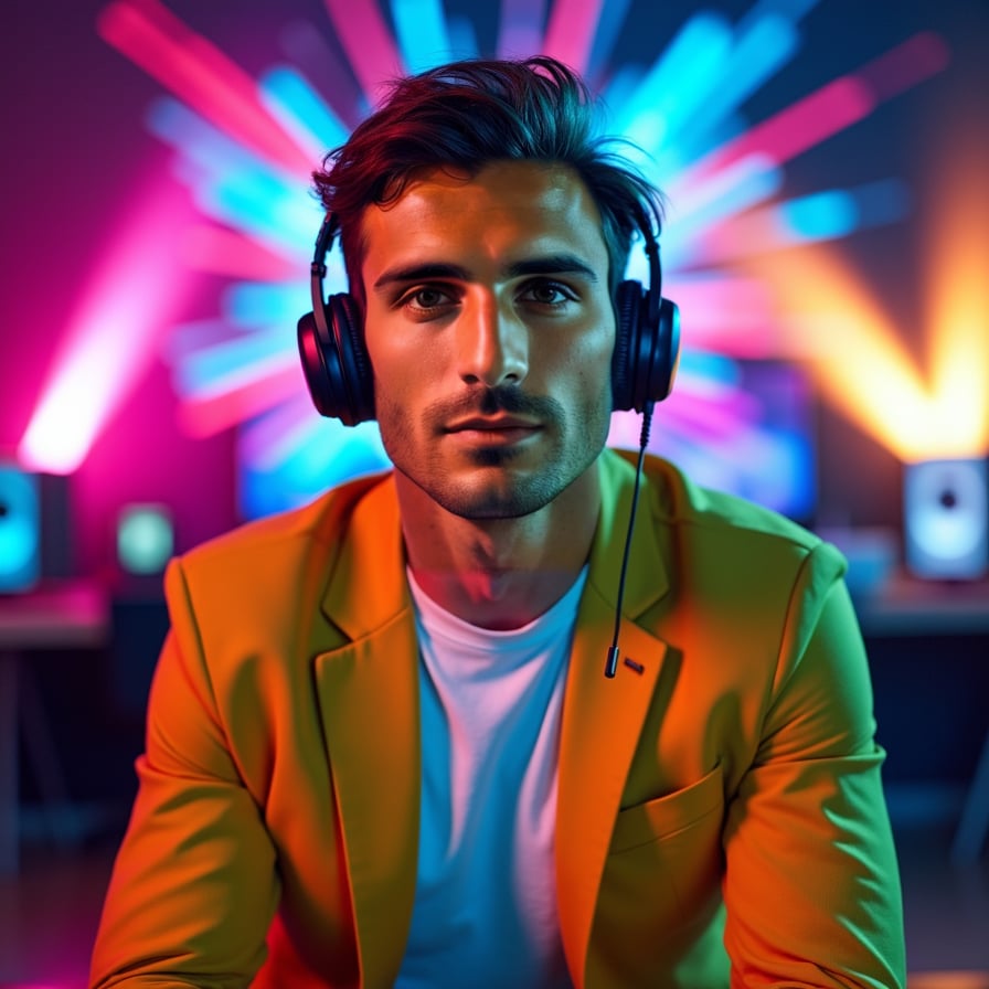 Generate a high-energy headshot of a man styled as an entertainer or gamer. He is wearing a headset or colorful attire, with an over-the-top excited expression. The background is vibrant, with explosive patterns or lightning bolts to match his content's lively theme