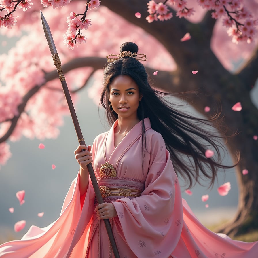 A warrior princess with long, flowing black hair stands beneath a massive cherry blossom tree, gripping a beautifully crafted spear. Her ornate armor gleams in the soft pink light, and the petals swirl around her like a storm.