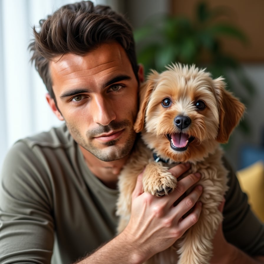 man petting a cute dog, wearing casual weekend attire, with a warm smile, under soft natural light in a cozy home setting