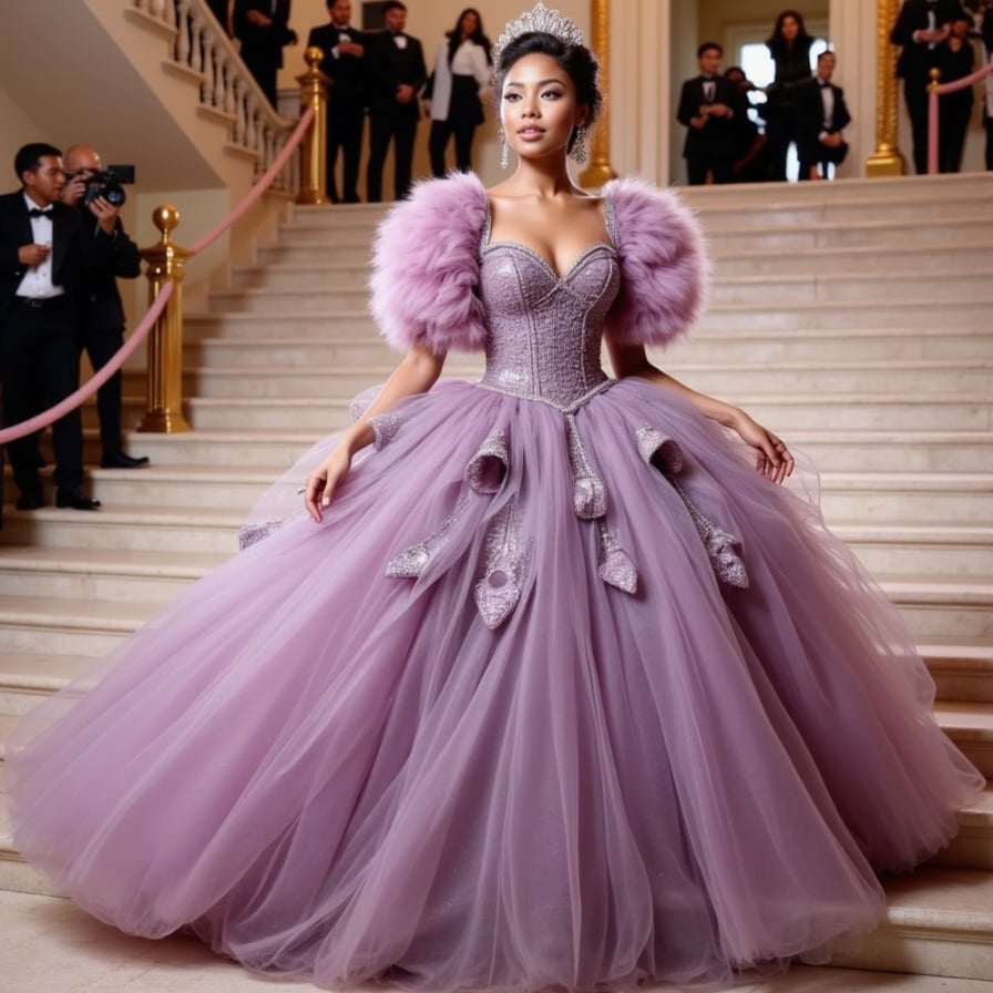 A woman draped in a hyper-feminine tulle explosion, in soft pinks and lavenders, with bubble sleeves, heart-shaped makeup, and a glittering tiara veil